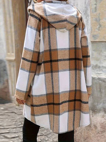 Drawstring Plaid Zip Up Hooded Outerwear - Camel