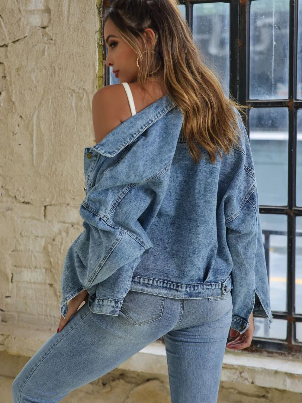 Button Down Drop Shoulder Denim Jacket -