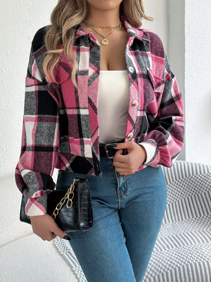 Plaid Button Up Long Sleeve Jacket - Fuchsia Pink