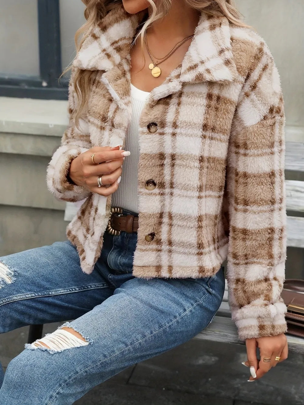 Plaid Button Up Collared Neck Jacket - Camel