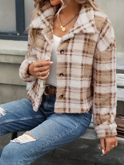Plaid Button Up Collared Neck Jacket - Camel