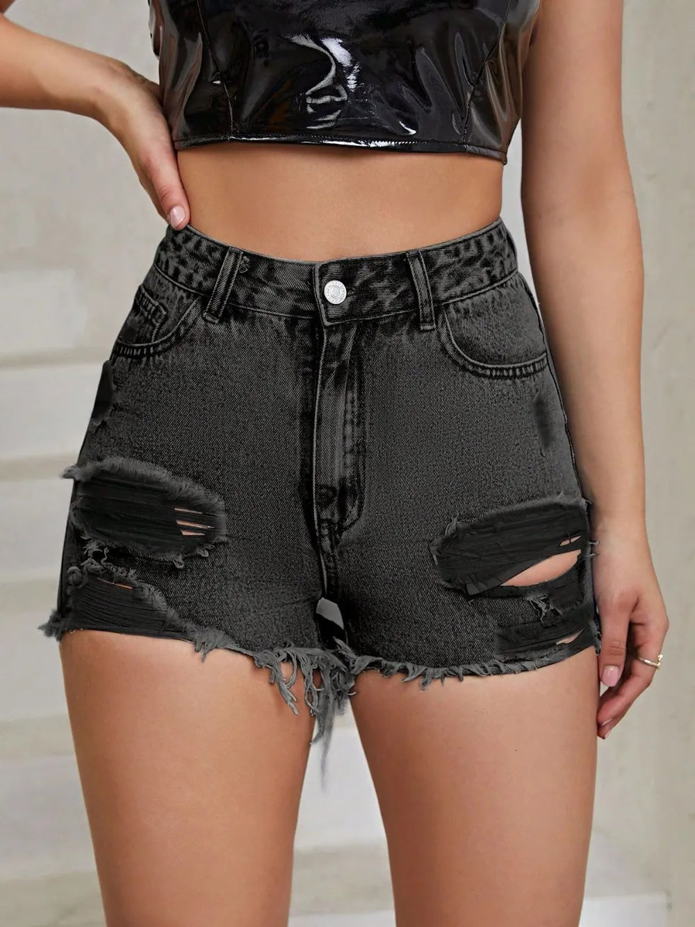 Distressed Raw Hem High Rise Denim Shorts -