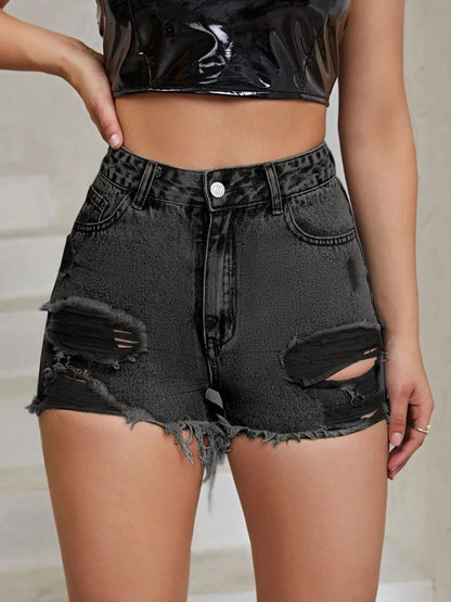 Distressed Raw Hem High Rise Denim Shorts -