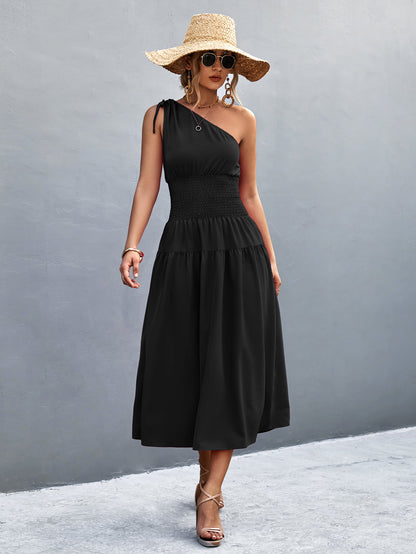 Asymmetrical One Shoulder Smocked Waist Midi Dress | AdoreStarr