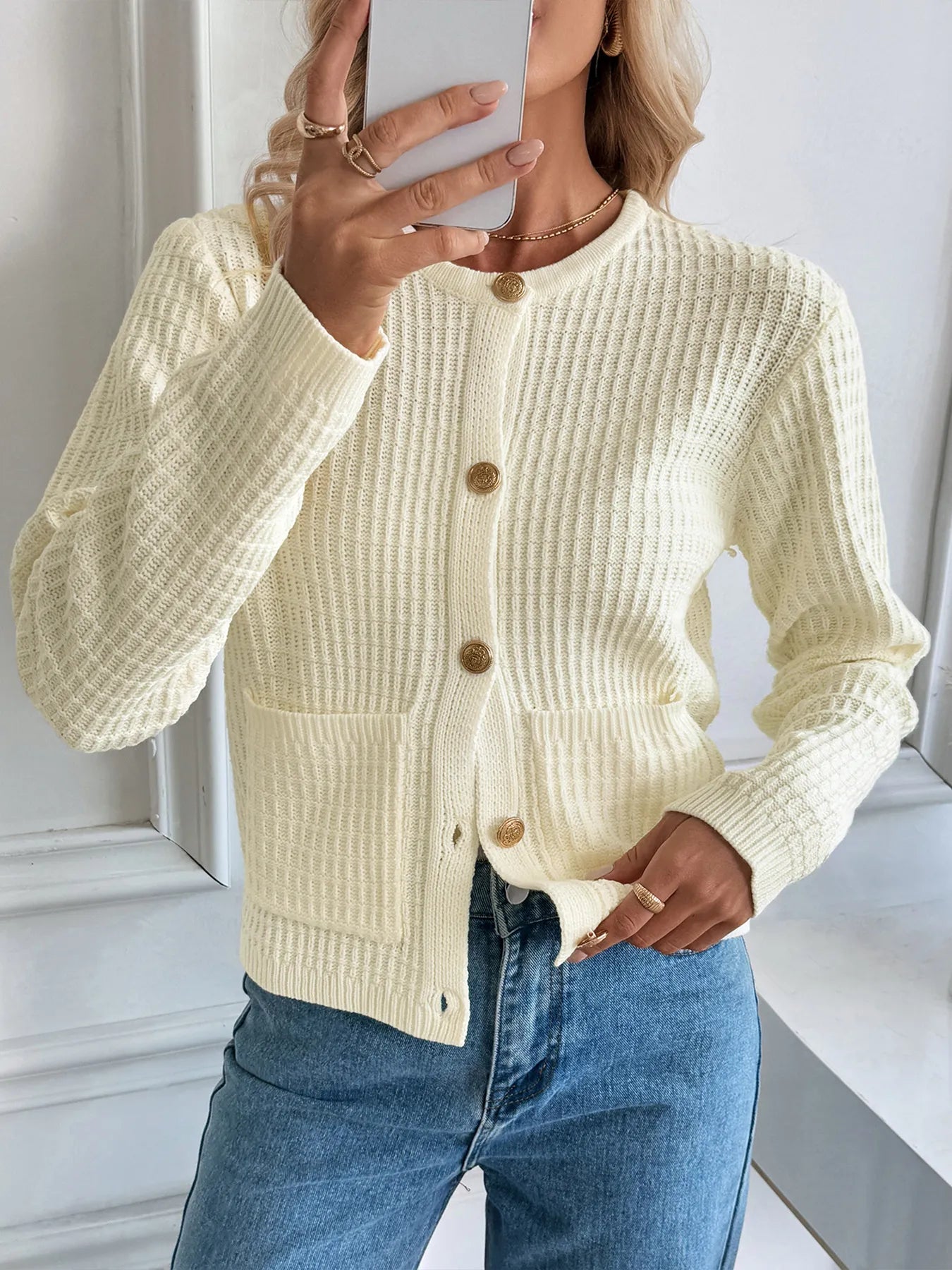 Button-Up Long Sleeve Cardigan - Off White