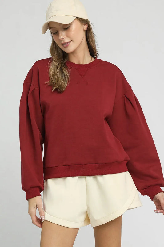 Round Neck Sweatshirt with Pleated Detail - Burgundy