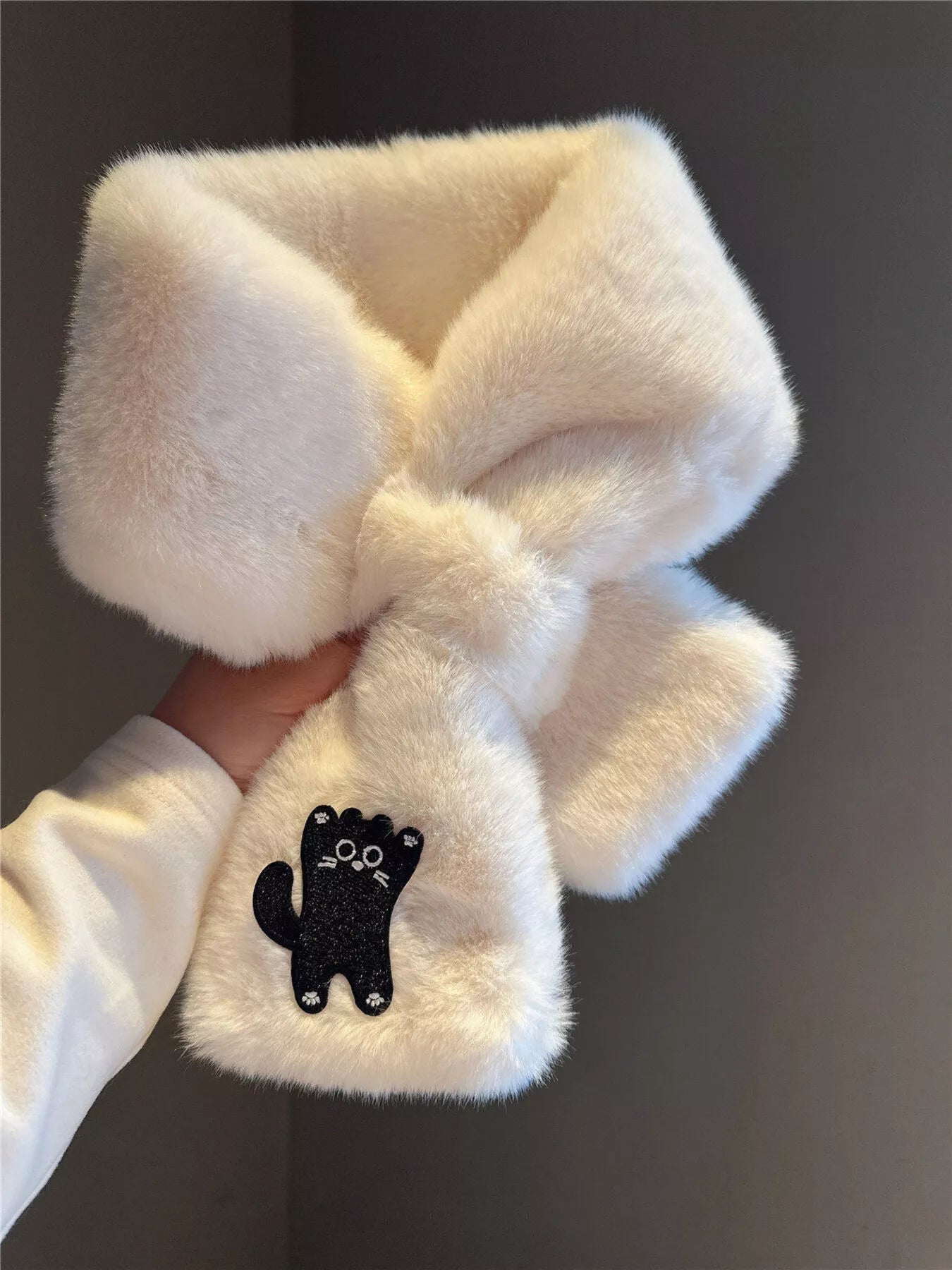 Cat Embroidered Plush Scarf - Style B One Size