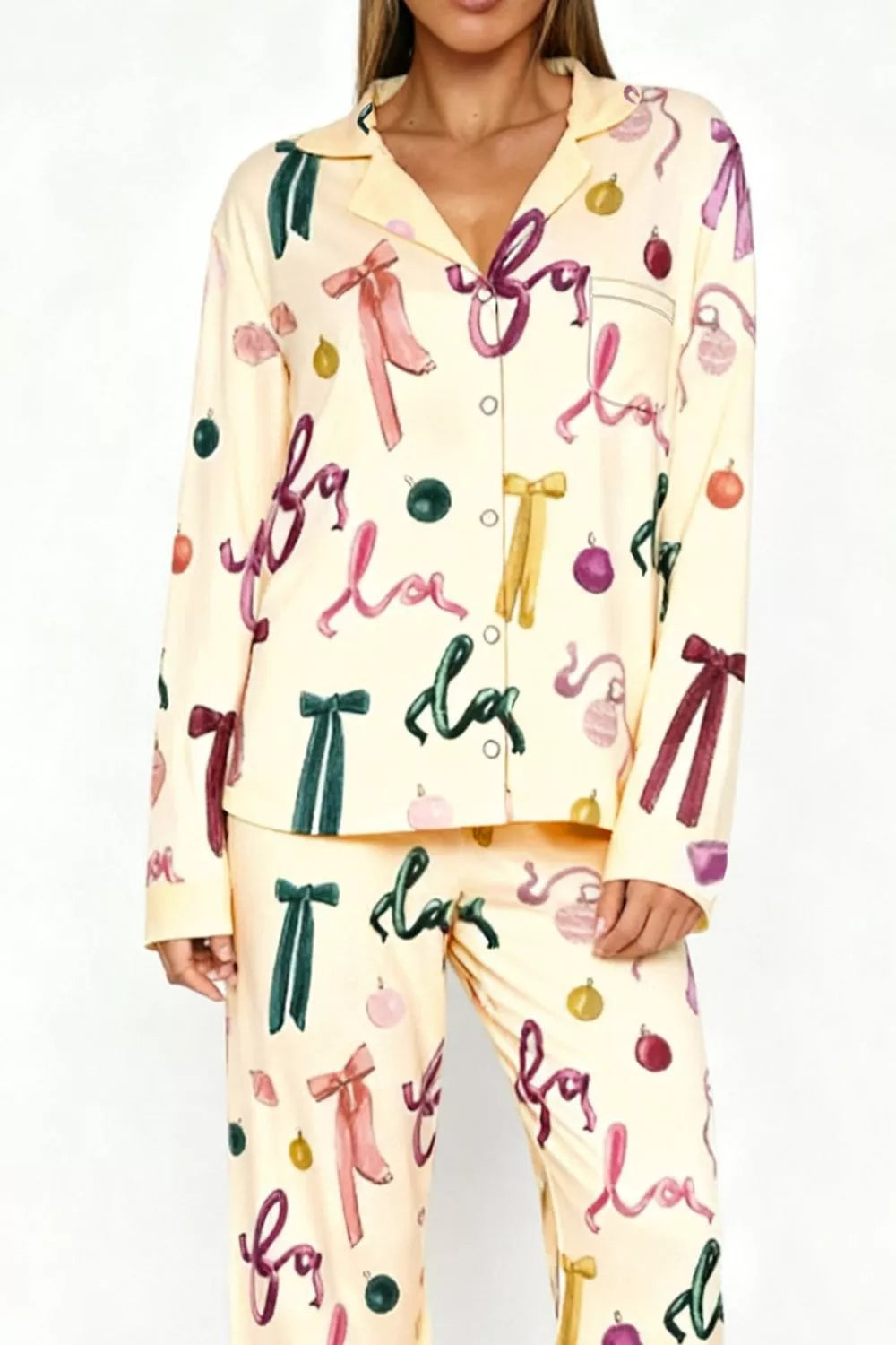 Bow Print Top and Wide Leg Pants Lounge Set - Pastel Yellow
