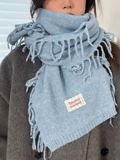Knitted Fringe Scarf - Blue One Size