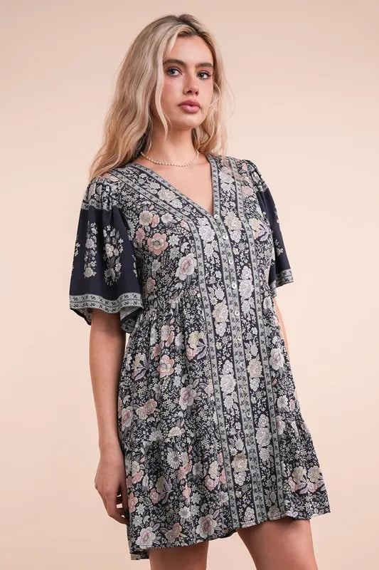Shirring Detail Printed Woven Mini Dress -