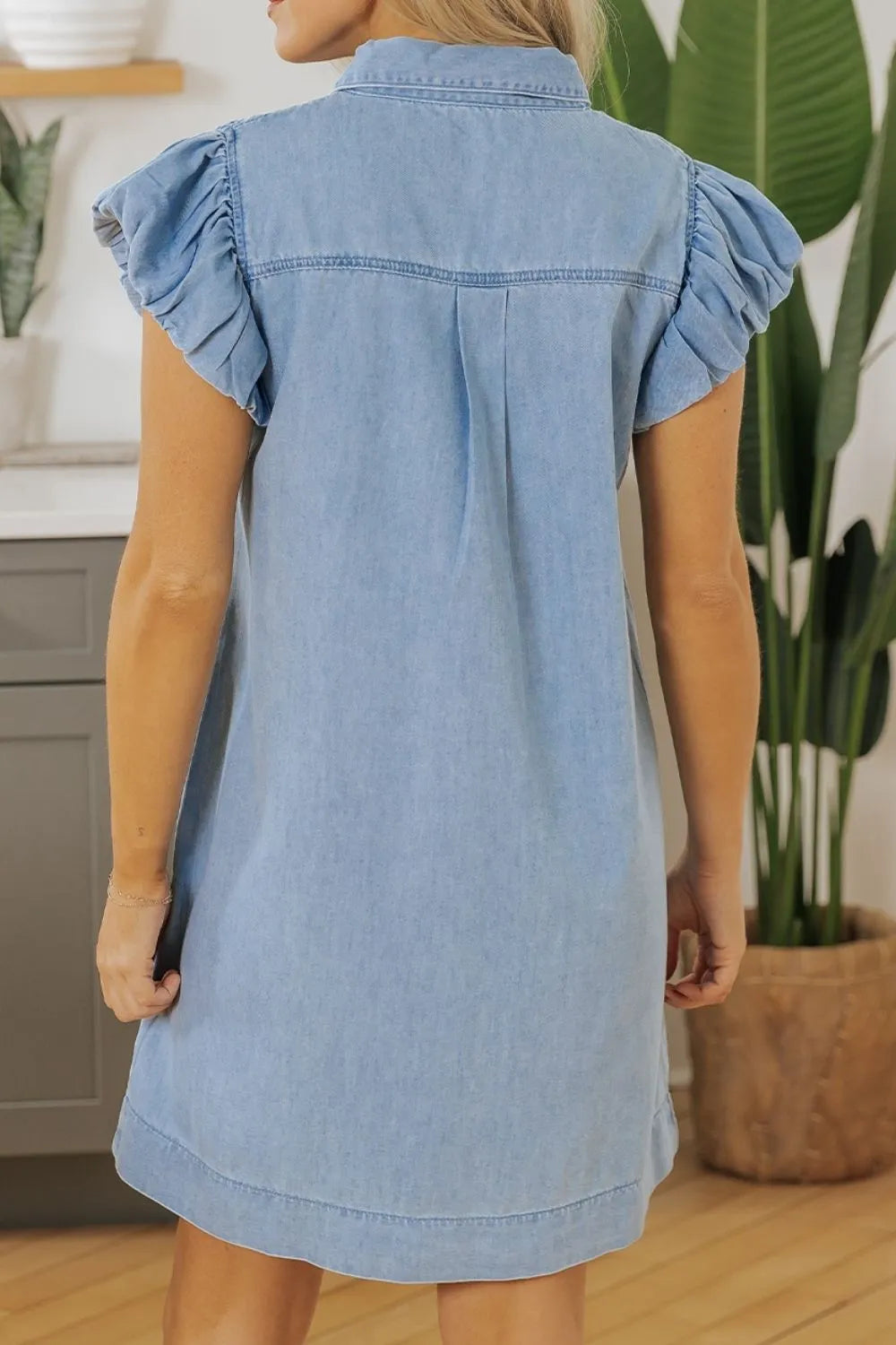 Smocked Collared Neck Cap Sleeve Denim Dress -