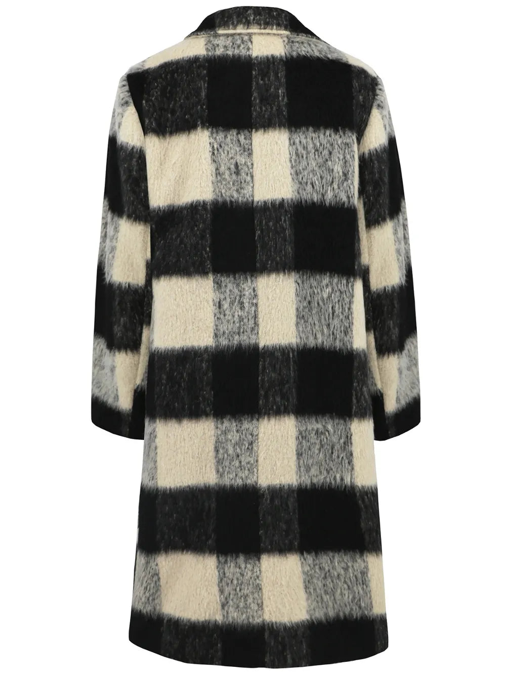 Plaid Double-Breasted Long Sleeve Coat - Black