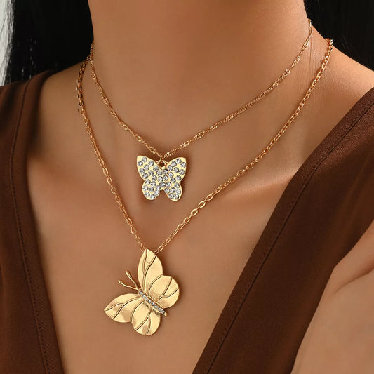 2-Piece Rhinestone Butterfly Necklace - Gold One Size