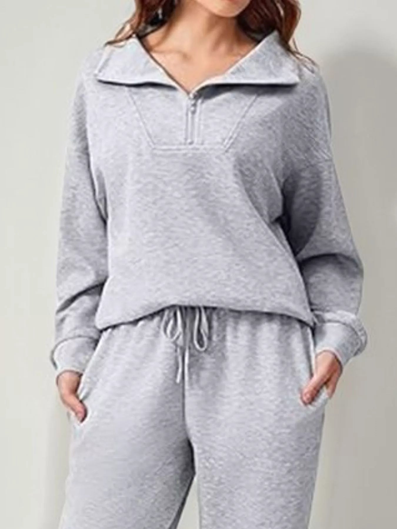 Relaxed Fit Quarter-Zip Top and Pants Set - Light Gray