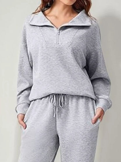 Relaxed Fit Quarter-Zip Top and Pants Set - Light Gray