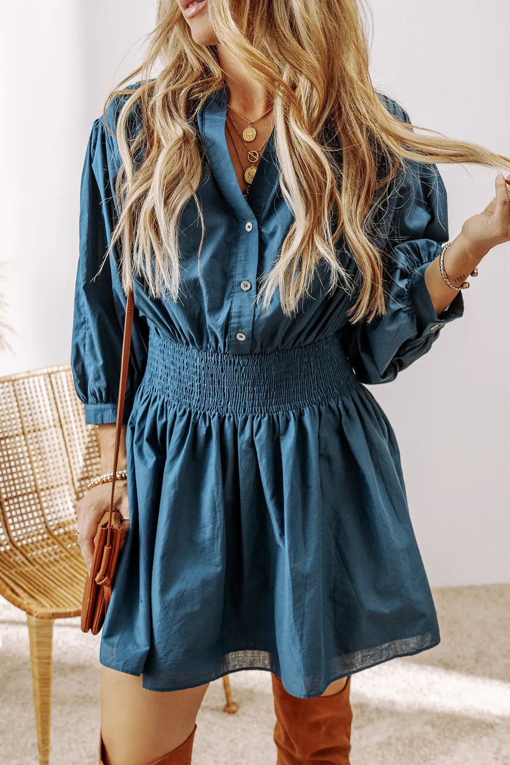 Smocked Half Three-Quarter Sleeve Button Mini Dress