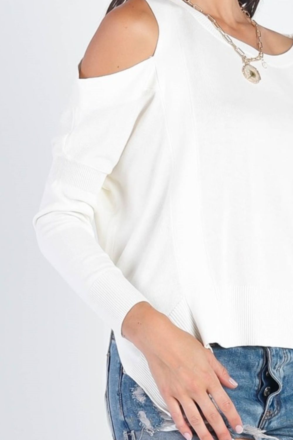 UNIQ Cold Shoulder Long Sleeve Knit Top - White