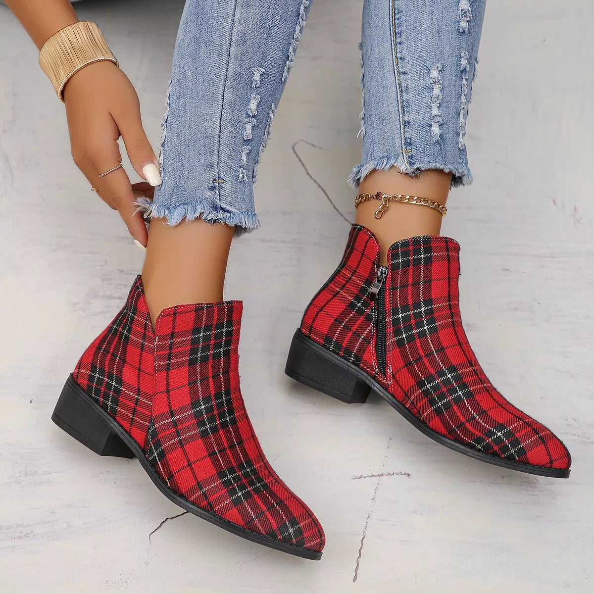 Plaid Point Toe Ankle Boots -