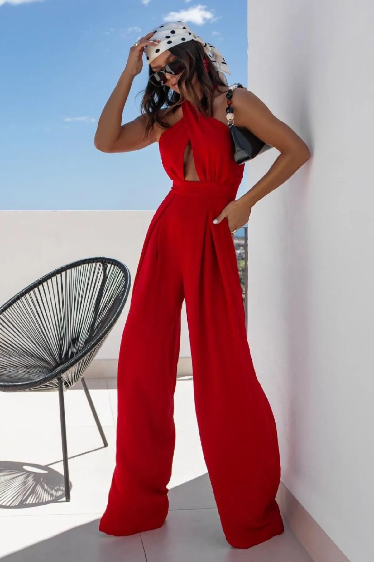 Halter Neck Wide Leg Jumpsuit - Red