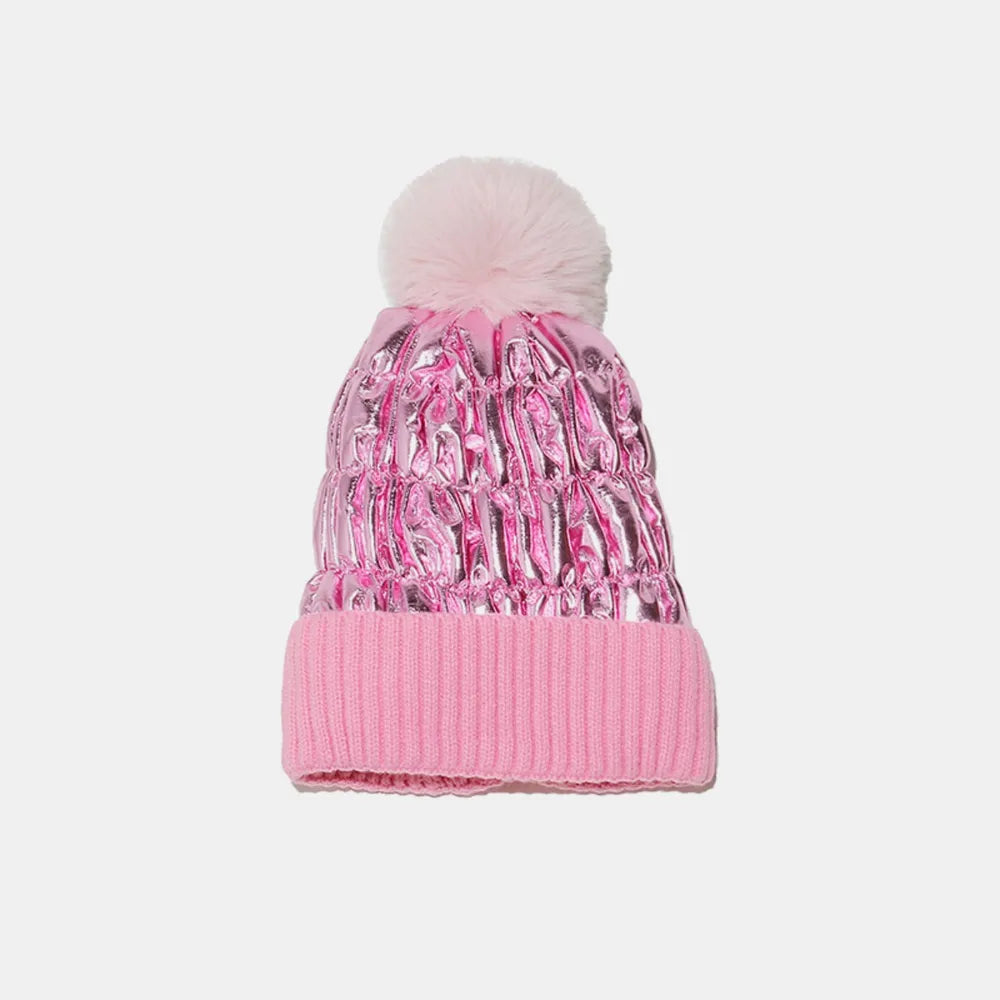Thermal Knit Hat with Pompom - Fuchsia Pink One Size