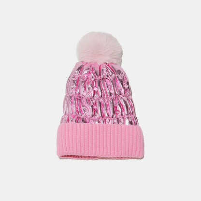 Thermal Knit Hat with Pompom - Fuchsia Pink One Size