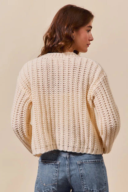 Metal Button Long Sleeve Chunky Sweater Cardigan - Cream