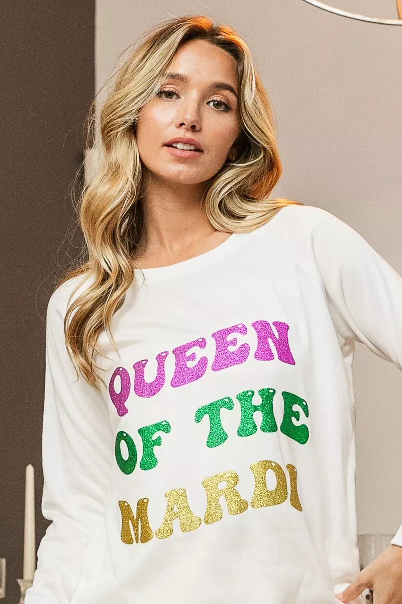 BiBi Queen Of Mardi Glitter Print Mardi Gras Sweatshirt -