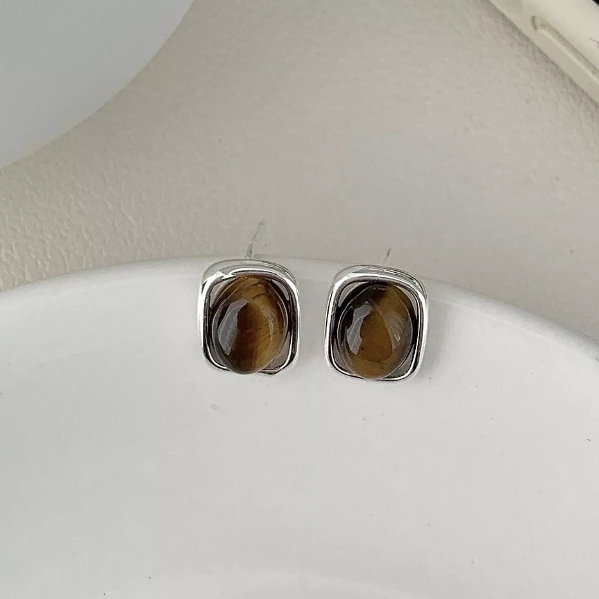 Square Tiger Eye Stud Earrings -