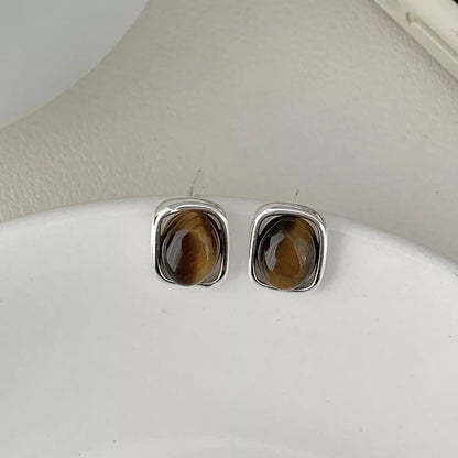 Square Tiger Eye Stud Earrings -