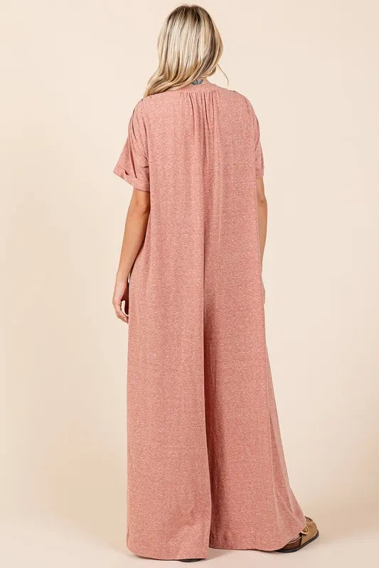 Button Detail Short Sleeve Wide Leg Jumpsuit -