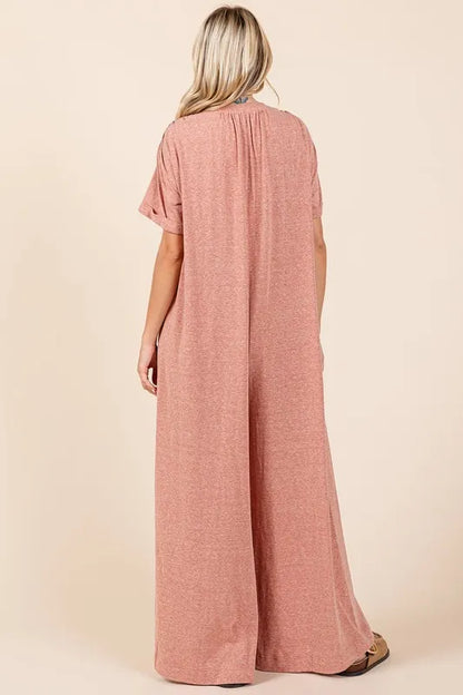 Button Detail Short Sleeve Wide Leg Jumpsuit -
