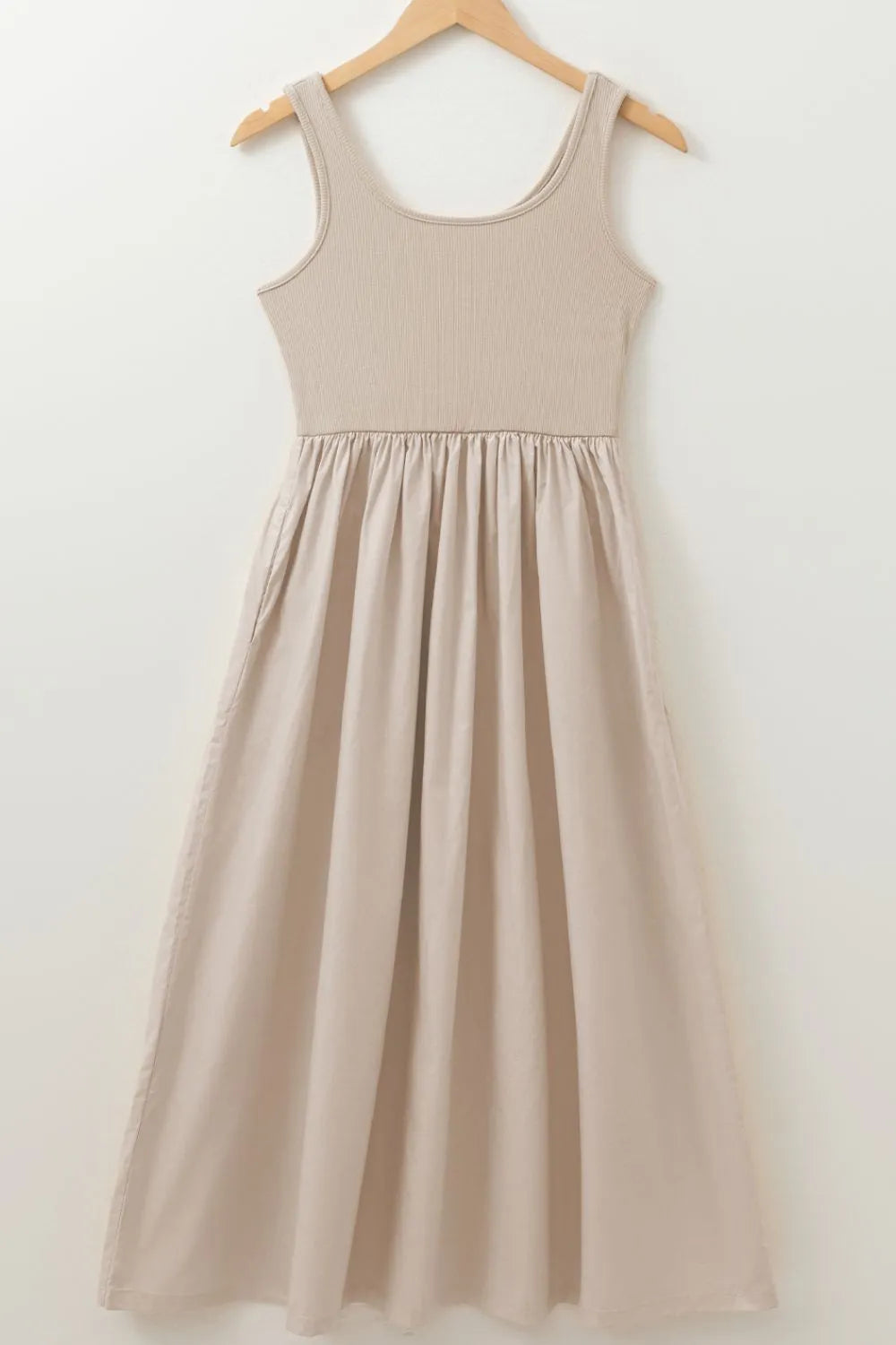 Scoop Neck Ribbed Bodice Midi Tank Dress -