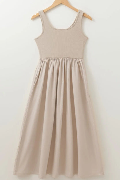 Scoop Neck Ribbed Bodice Midi Tank Dress -
