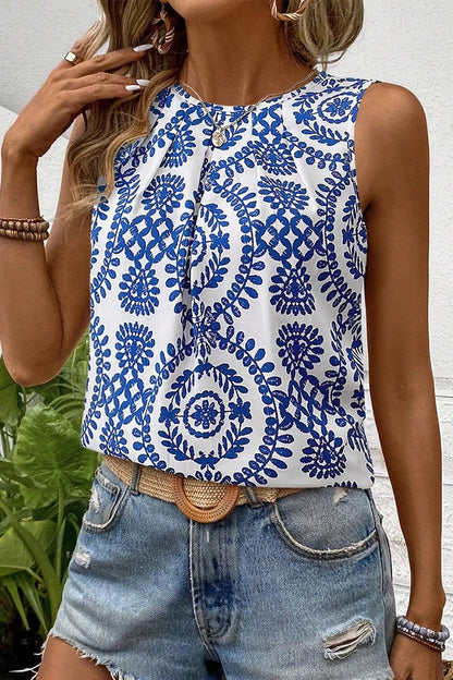 Printed Crew Neck Sleeveless Top -