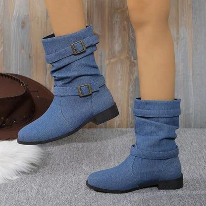 Buckle Accent Block Heel Boots -