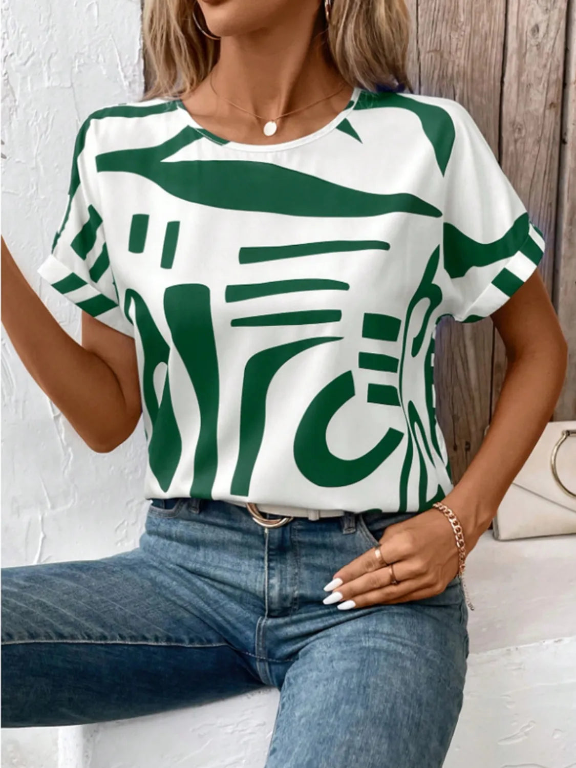 Contrast Round Neck Short Sleeve Blouse - Dark Green