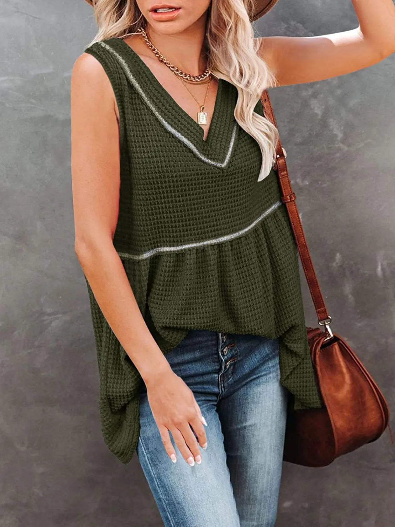V-Neck Contrast Trim Waffle Knit Tank Top - Green