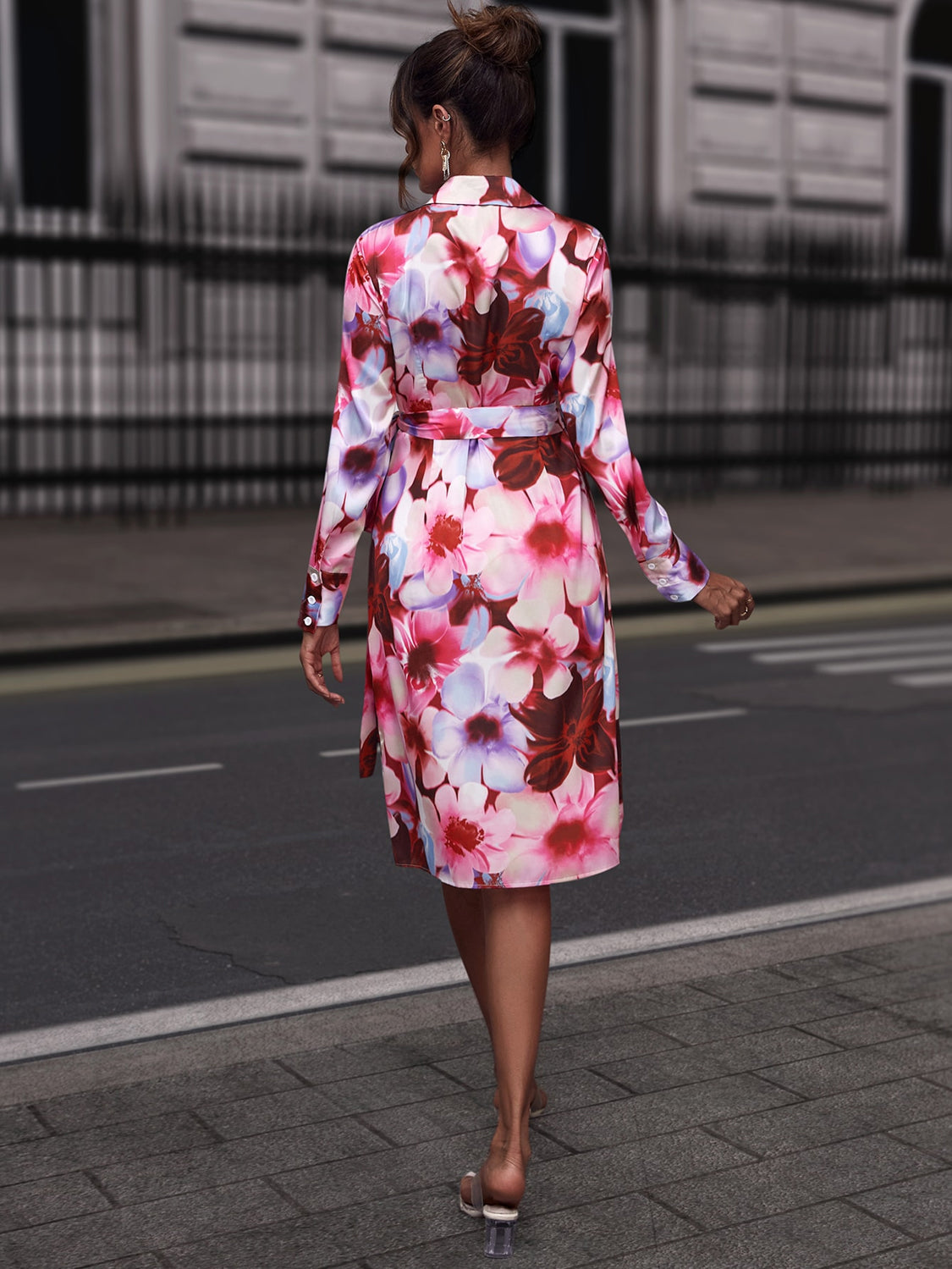 Floral Print Collared Neck Slit Dress | AdoreStarr