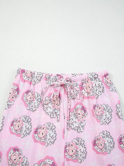 Santa Claus Print V-Neck Tee Drawstring Pants Lounge Set -