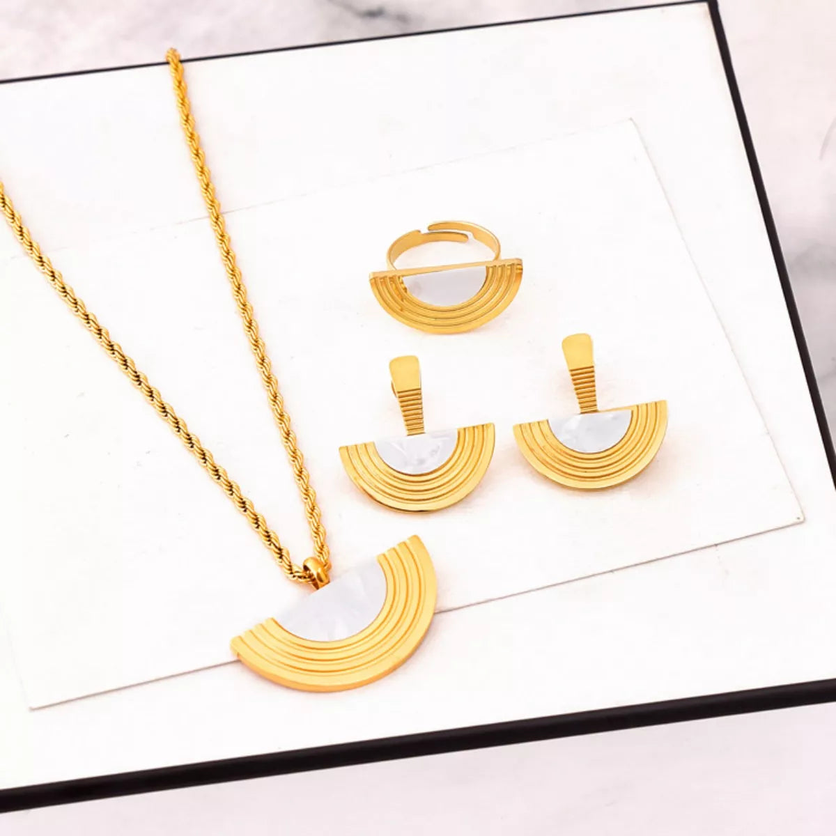 Geometric Half-Circle Necklace Ring and Earrings Jewelry Set - Ivory One Size