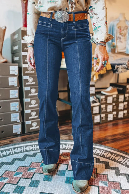 Center Seam Deep Wash Straight Jeans - Navy
