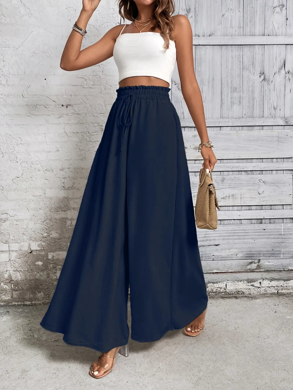 Tied High Waist Wide Leg Pants - Dark Blue