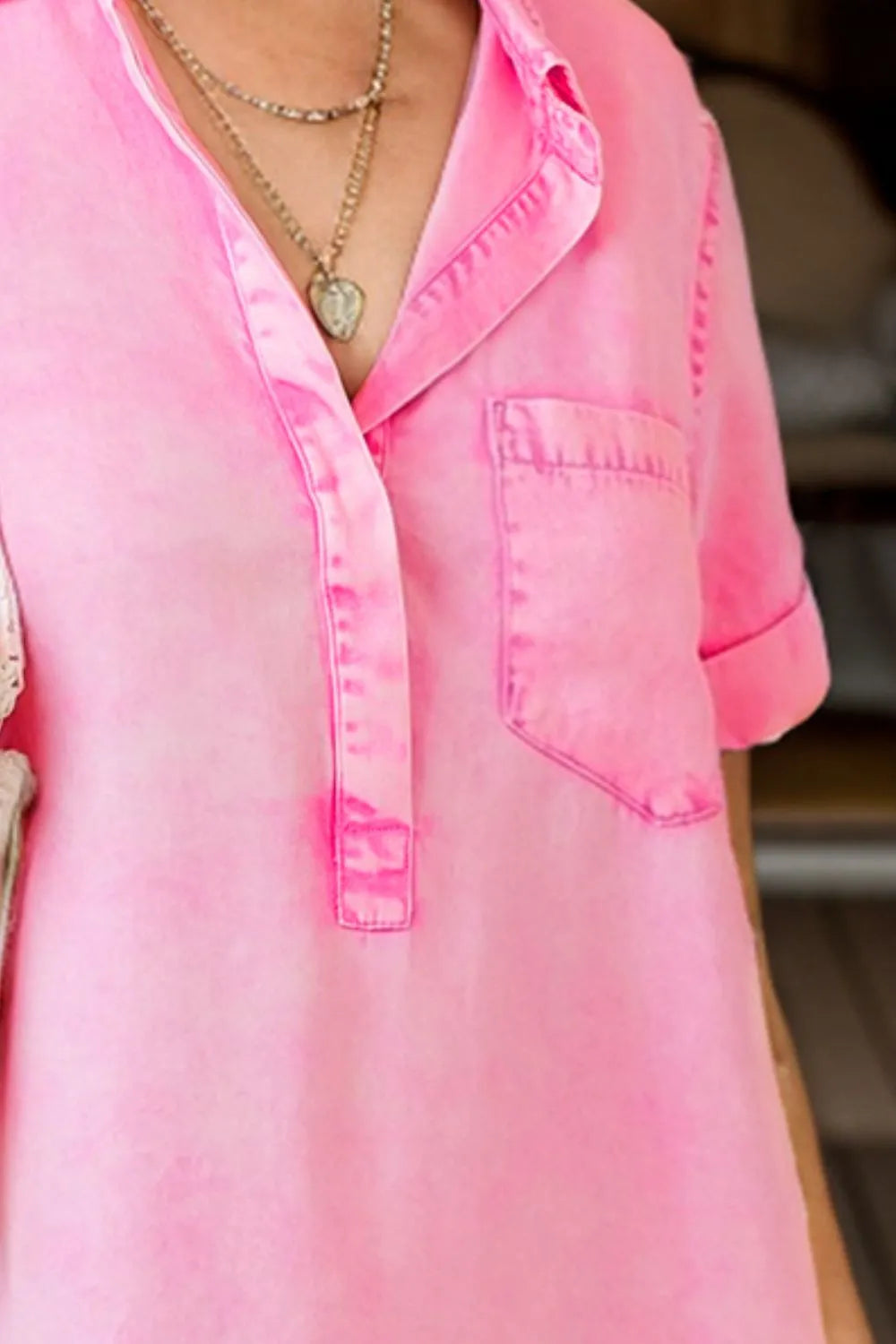 Pocketed Collared Neck Short Sleeve Denim Dress -