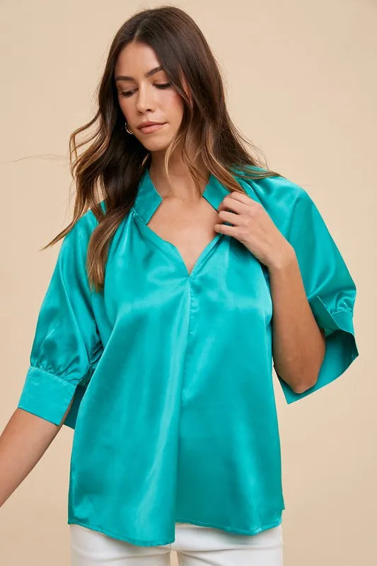 Satin V-Neck Short Sleeve Woven Blouse Top -