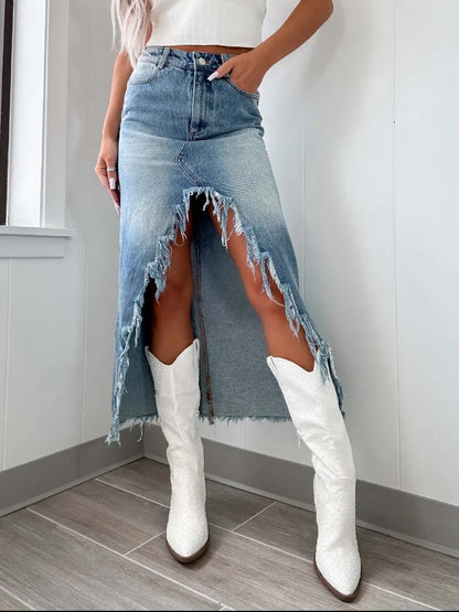 High-Waist Asymmetry Denim Skirt - Light Wash