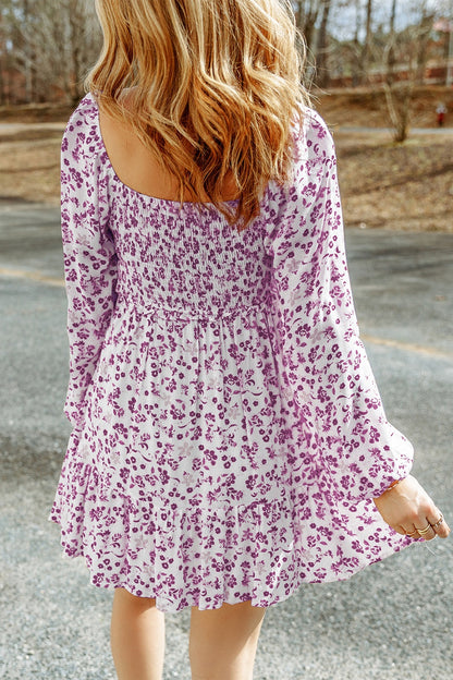 Smocked Floral Square Neck Balloon Sleeve Dress - Violet