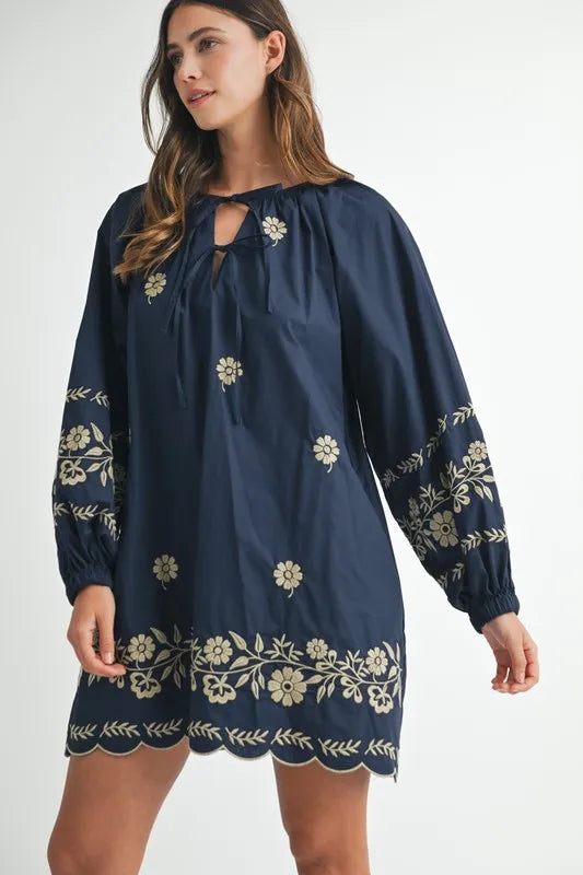 Embroidered Long Sleeve Peasant Mini Dress -