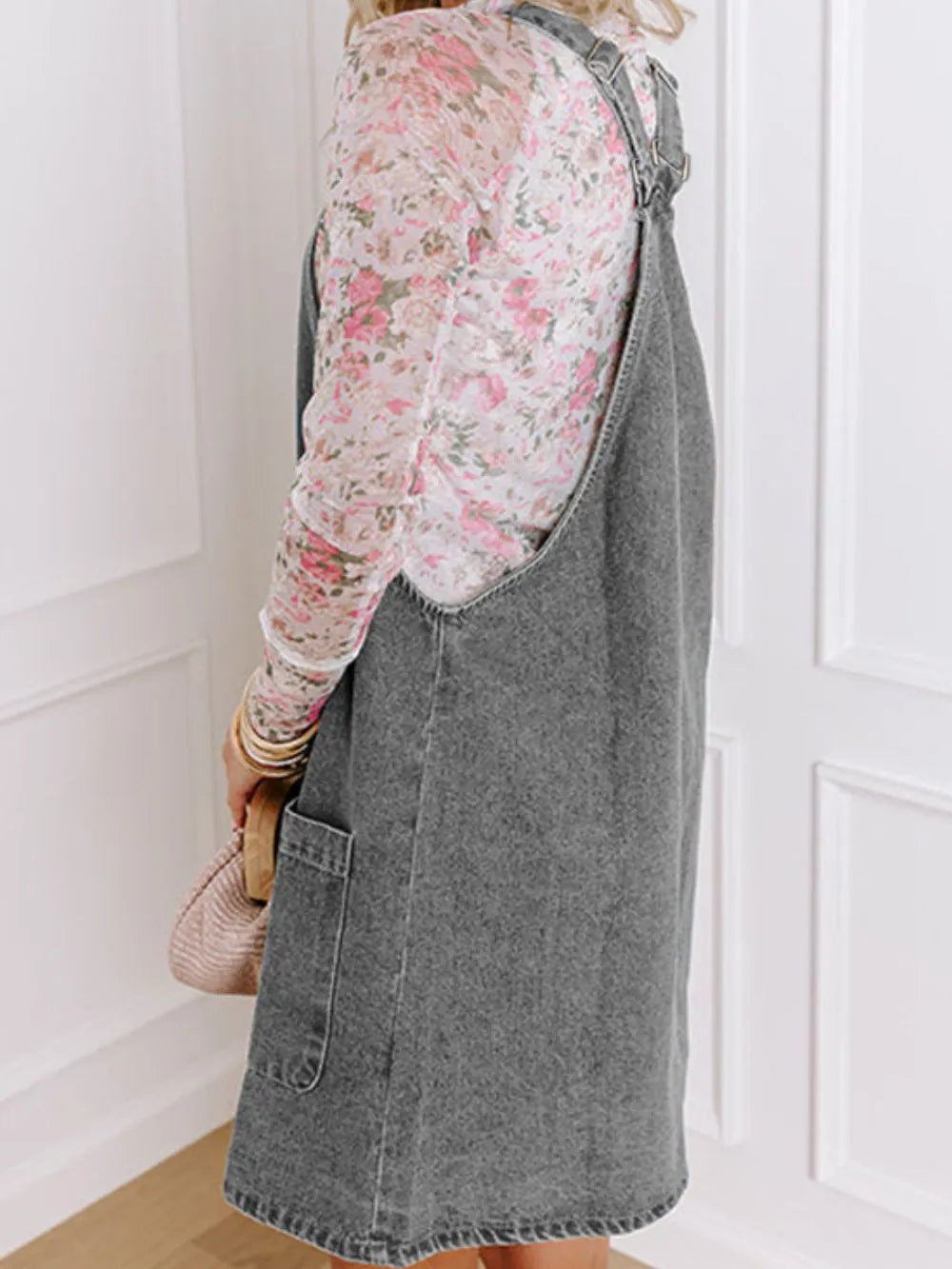 Wide Strap Button Down Denim Overall Dress -