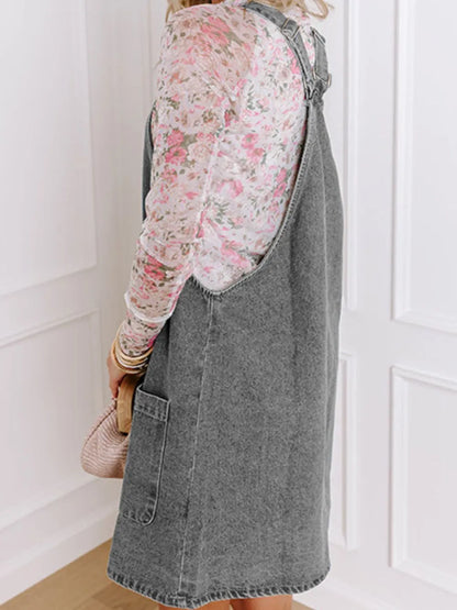 Wide Strap Button Down Denim Overall Dress -