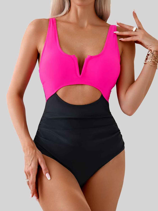 Tied Cutout Contrast One-Piece Swimwear | AdoreStarr